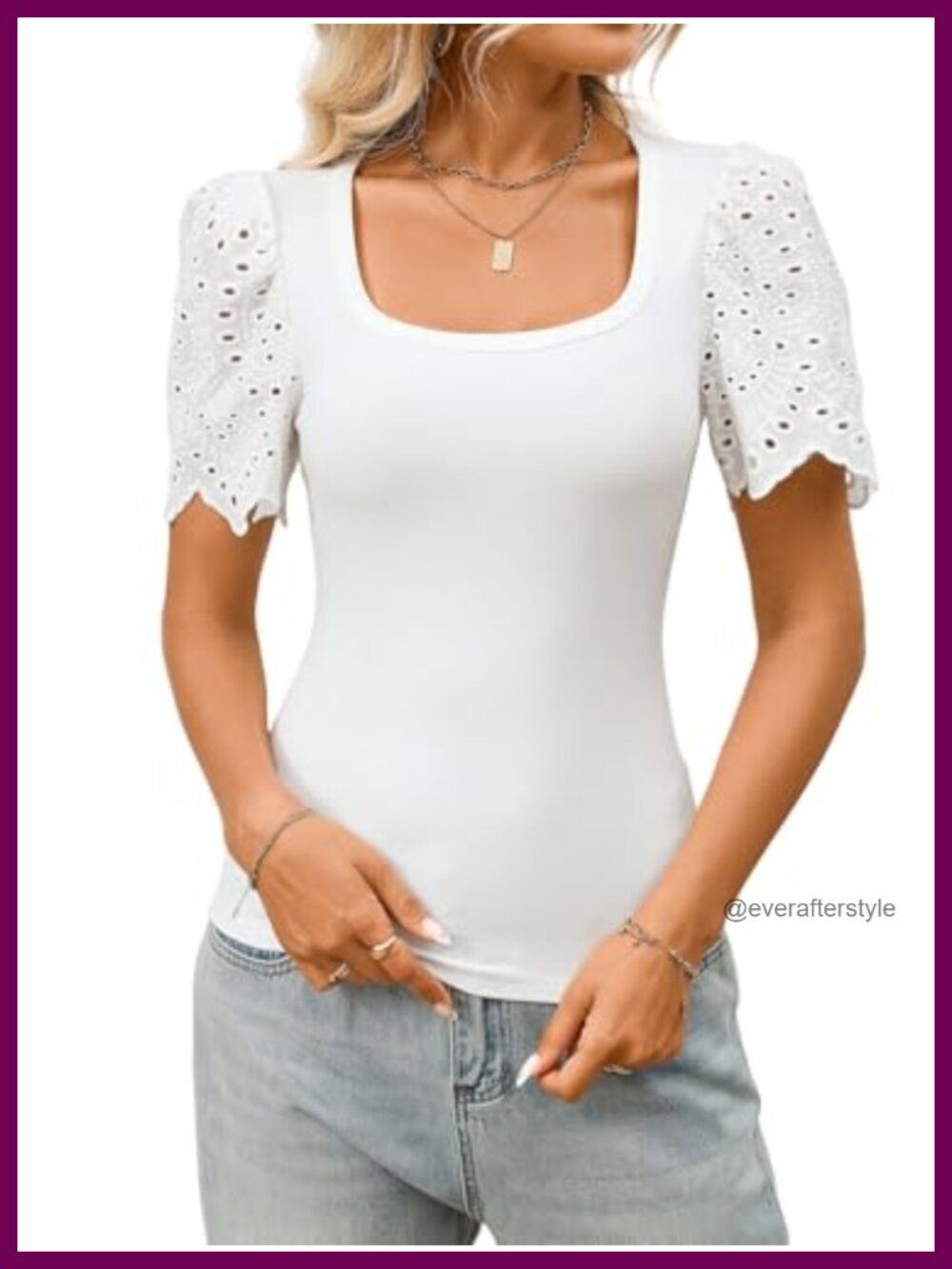 Womens Square Neck Puff Sleeve Lace Detail Fitted Cotton Blend Tee Shirt